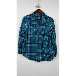 Eddie Bauer Mens Large Teal Blue Plaid Flannel Button Down Cotton Shirt L/G
